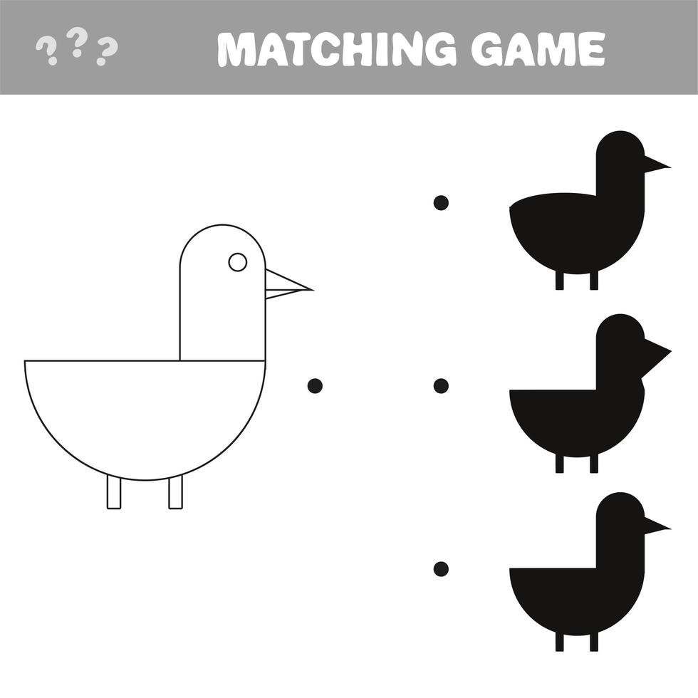 Vector illustration of educational shadow matching game with cartoon bird