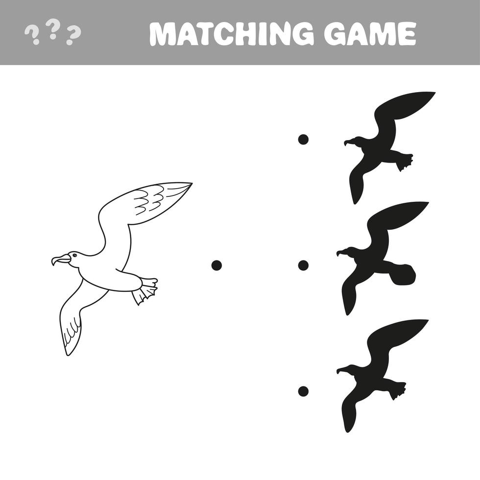 Gull shadow, matching educational kid game for preschool kids. vector