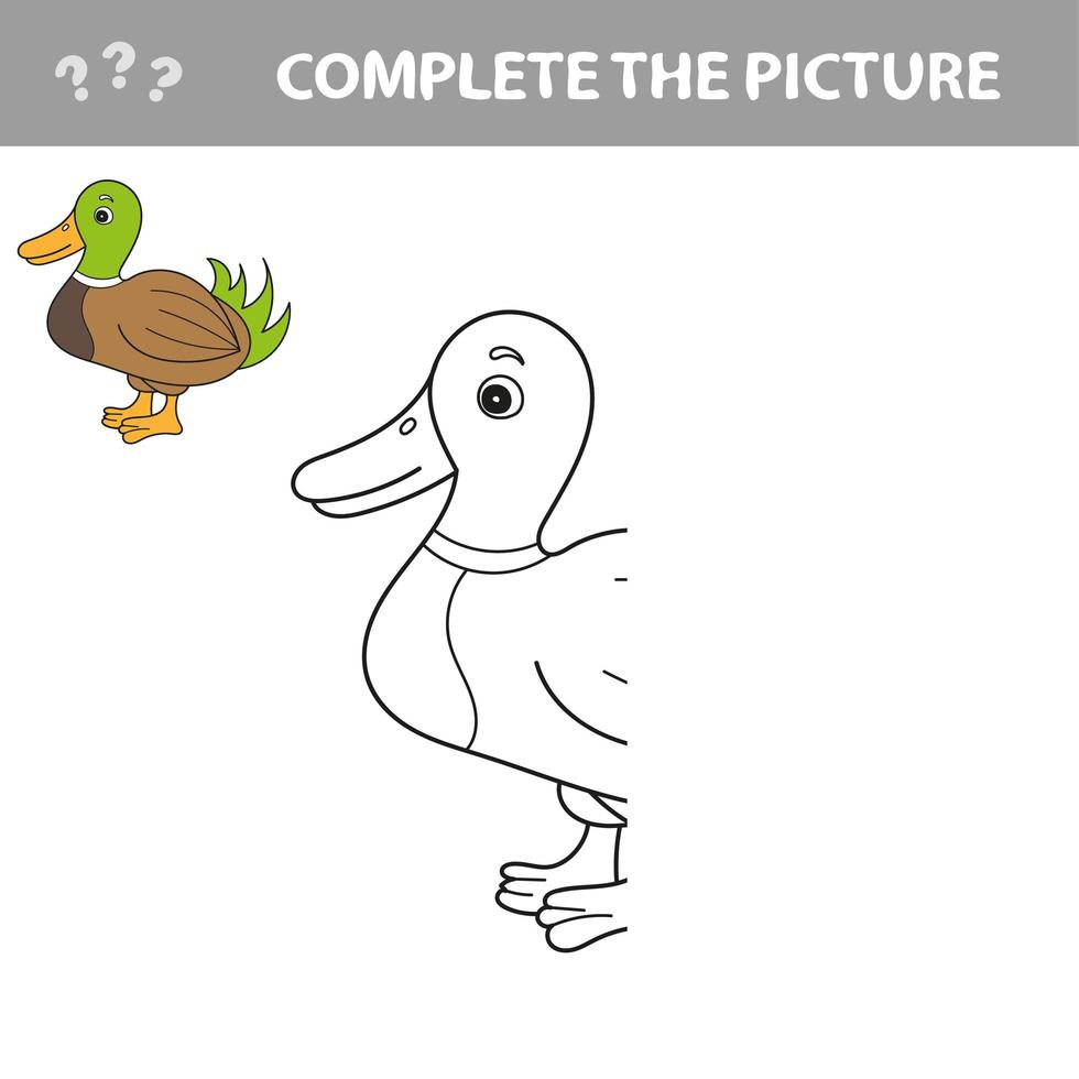 Coloring The Cute Cartoon Duck. Educational Game for Kids. Vector illustration