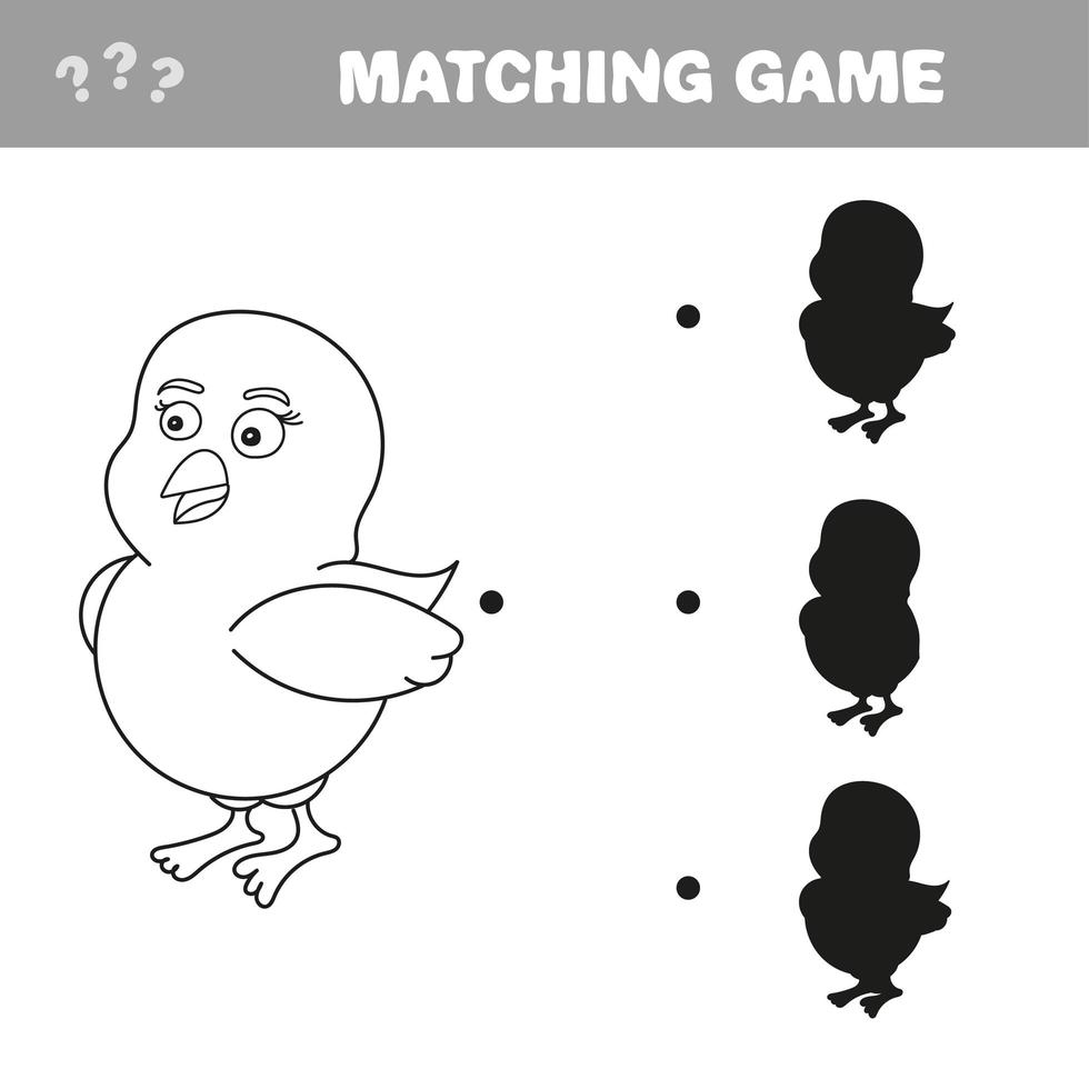 Shadow matching educational game for children. Cartoon chicken vector