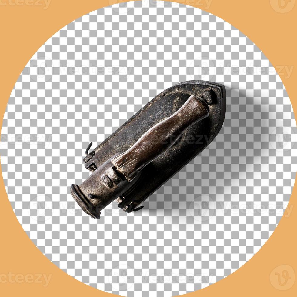 Top up view vintage coal iron isolated on transparent. photo