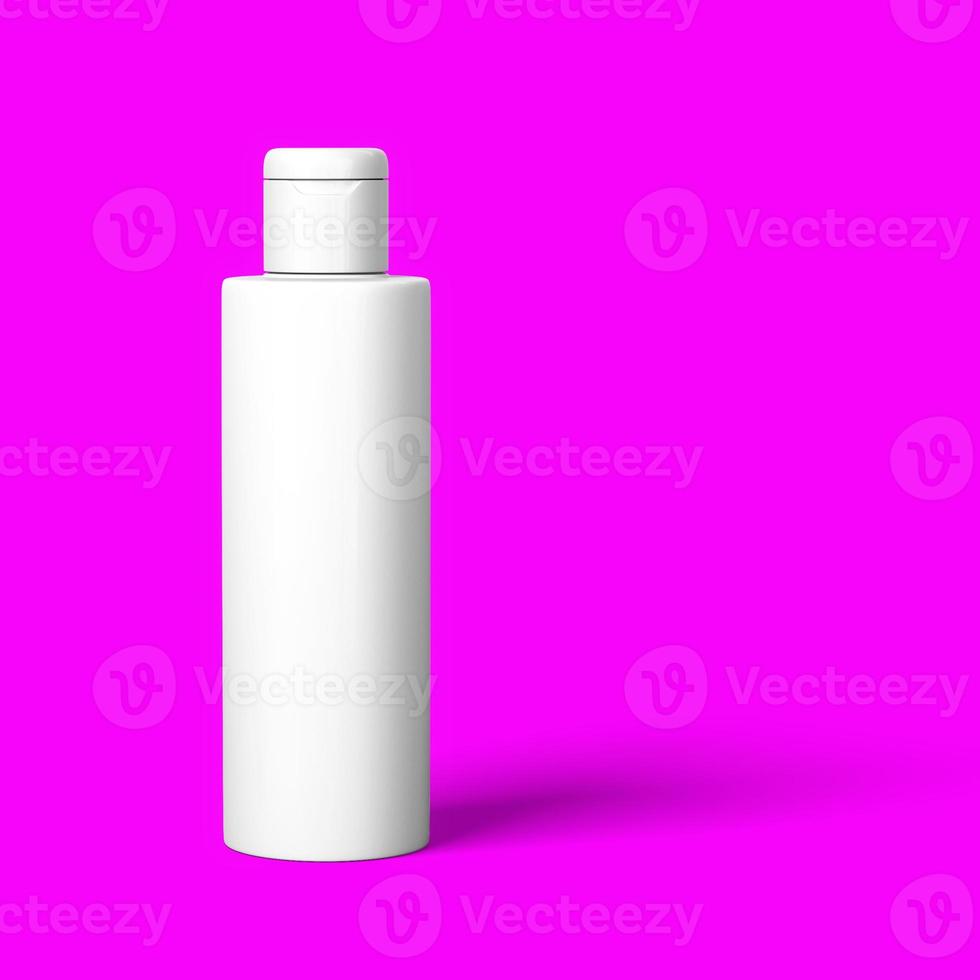 maqueta de botella cosmética realista conjunto aislado paquete sobre fondo rojo púrpura. Plantilla de marca cosmética Representación 3D. foto