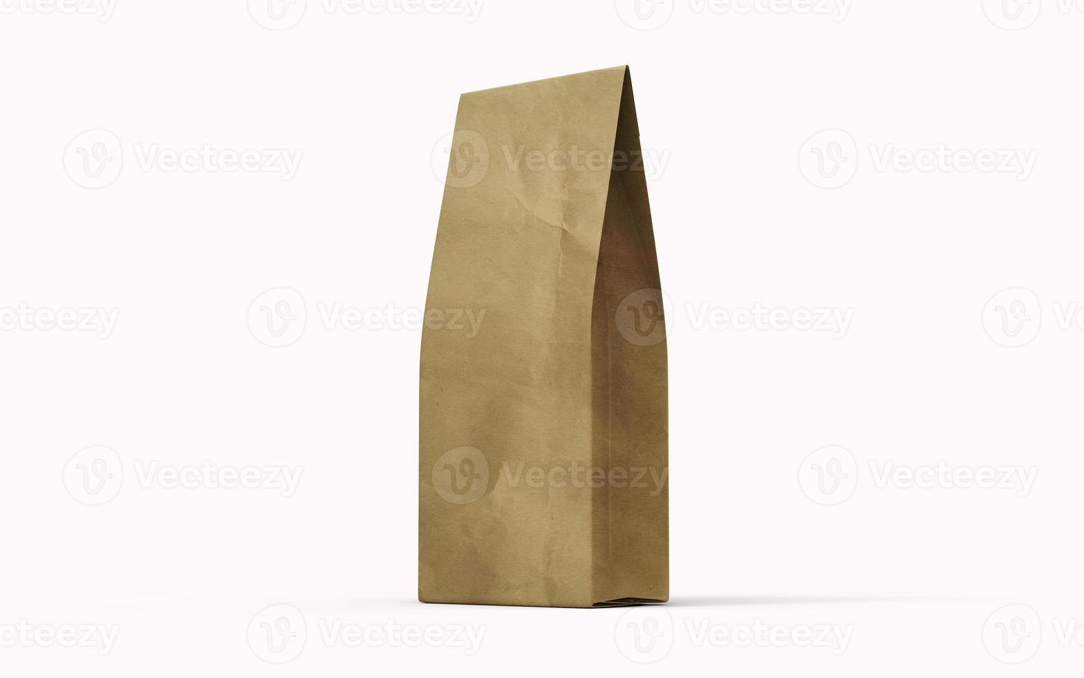Tea or coffee brown paper packaging bag isolated on white background. 3d rendering. photo