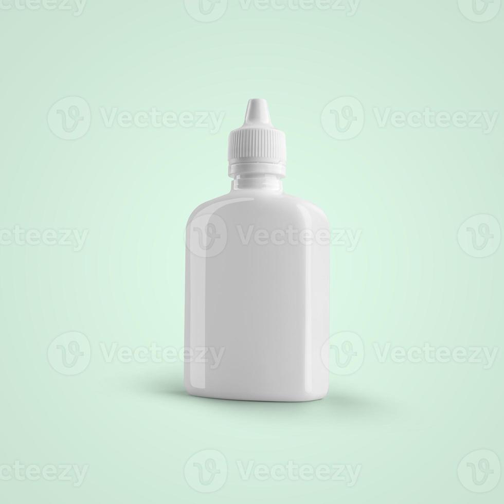 Representación 3D frasco gotero de plástico cosmético blanco en blanco para el oído y el ojo aislado sobre fondo azul suave. apto para el diseño de su maqueta. foto