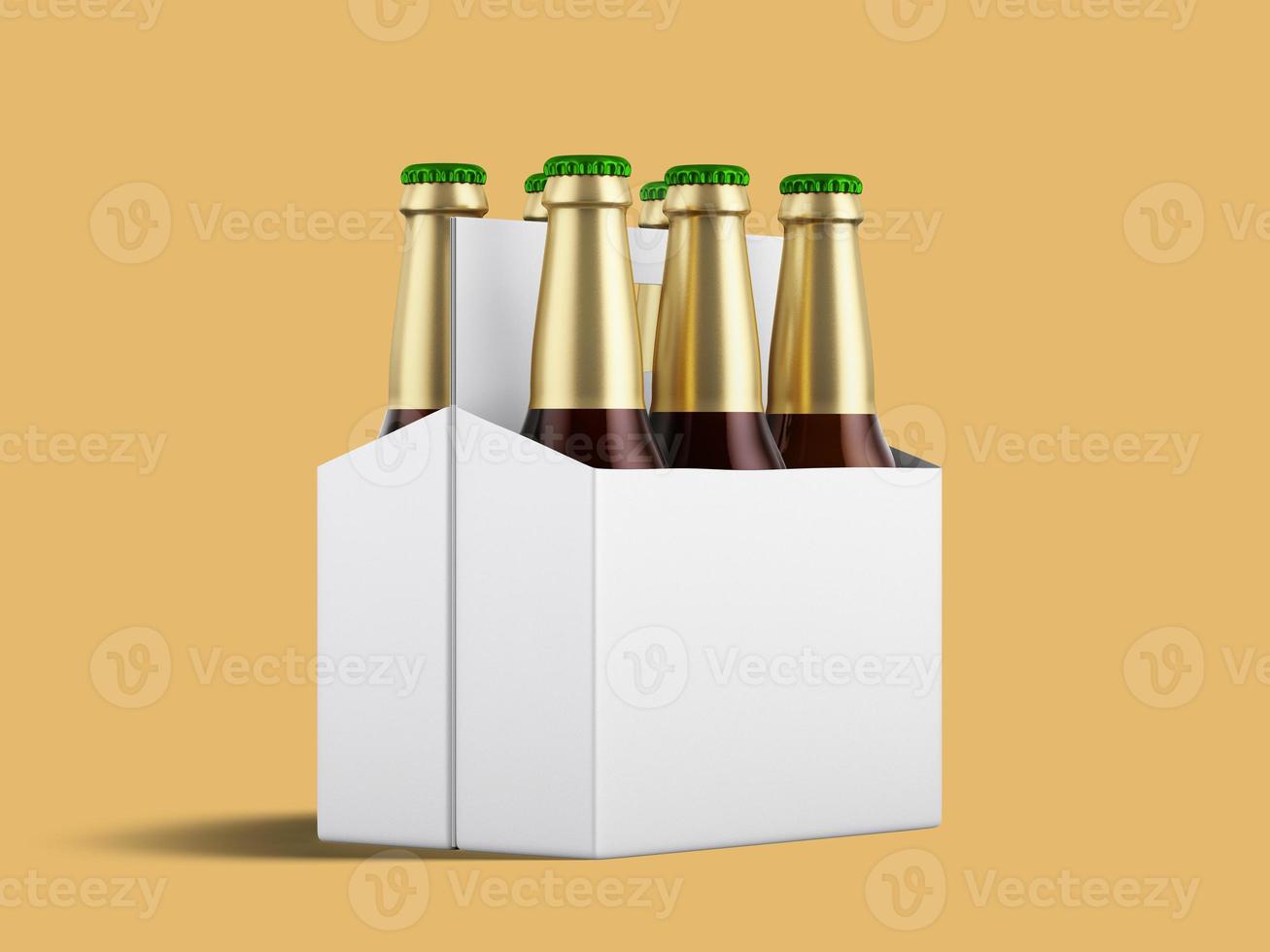 Six beer bottles in cardboard container with green caps with reflection in shiny white base. photo