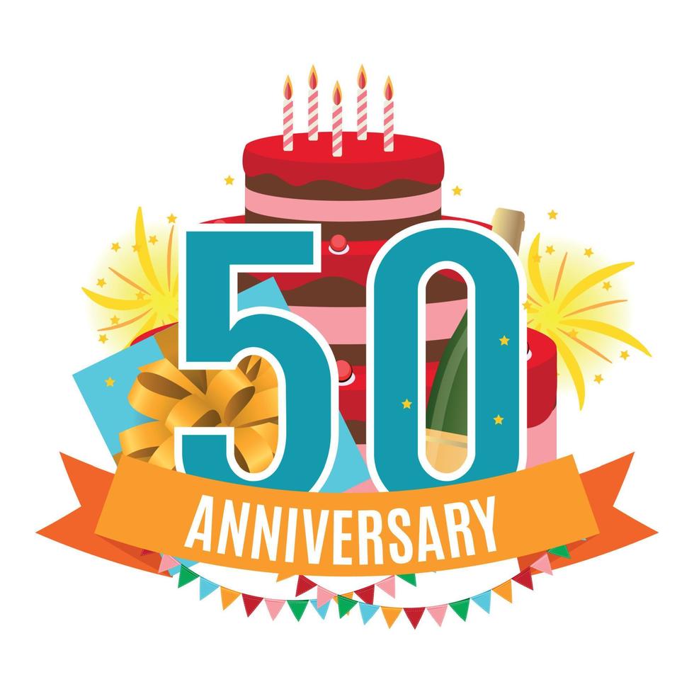 Template 50 Years Anniversary Congratulations, Greeting Card with Cake, Gift Box, Fireworks and Ribbon Invitation Vector Illustration