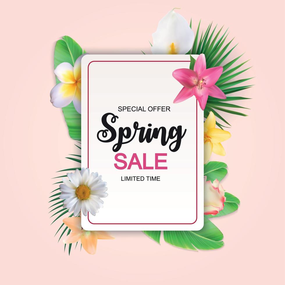 Spring Sale Cute Background with Flowers. Vector Illustration