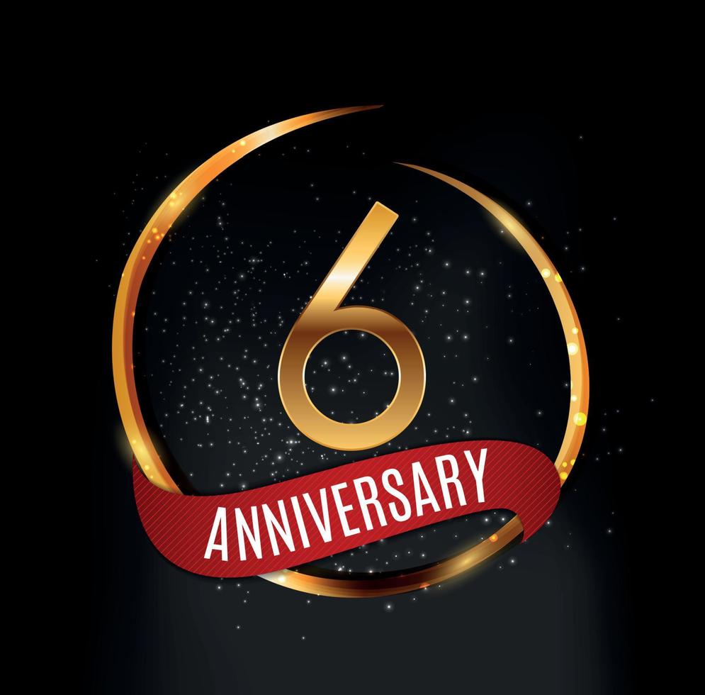 Template Gold Logo 6 Years Anniversary with Red Ribbon Vector Illustration