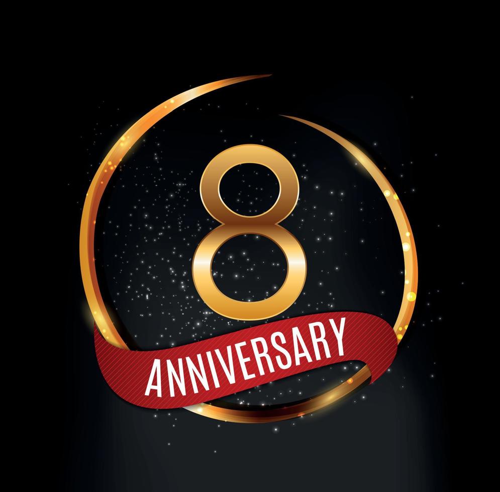 Template Gold Logo 8 Years Anniversary with Red Ribbon Vector Illustration