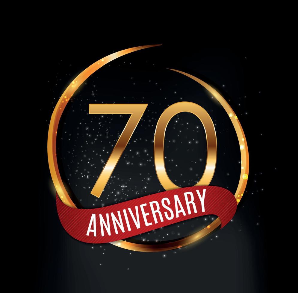 Template Gold Logo 70 Years Anniversary with Red Ribbon Vector Illustration