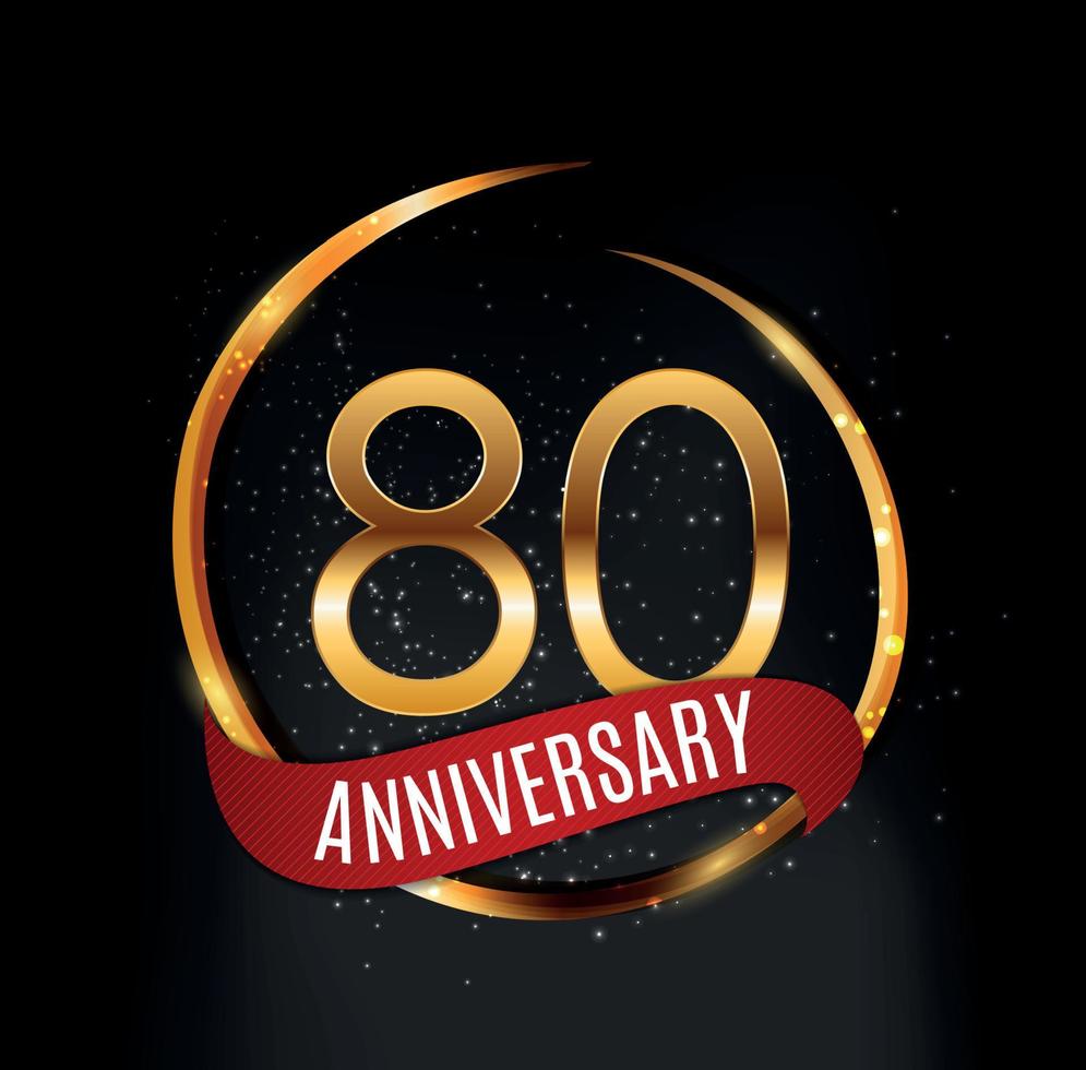 Template Gold Logo 80 Years Anniversary with Red Ribbon Vector Illustration