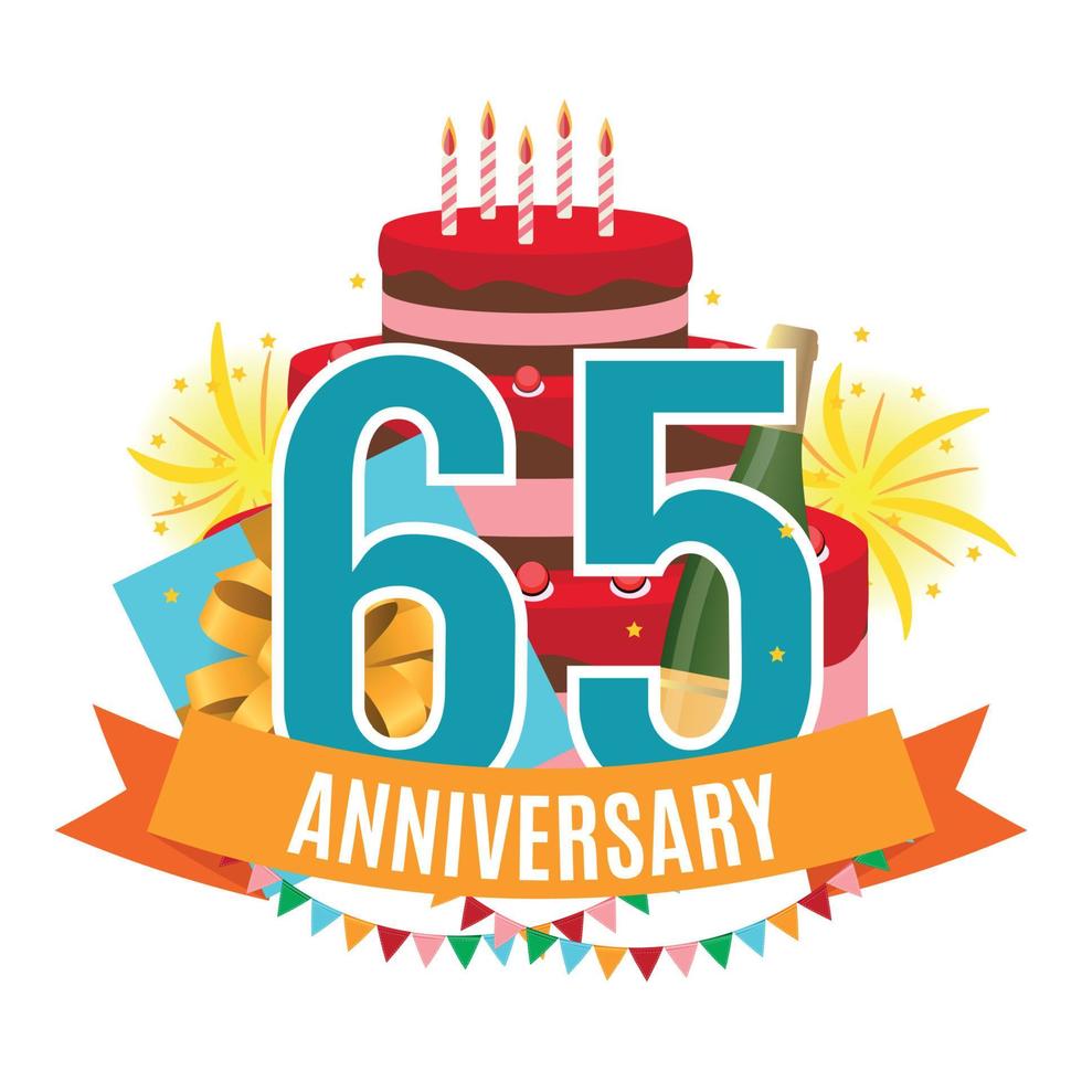 plantilla 65 años felicitaciones de aniversario, tarjeta de felicitación con pastel, caja de regalo, fuegos artificiales e invitación de cinta ilustración vectorial vector