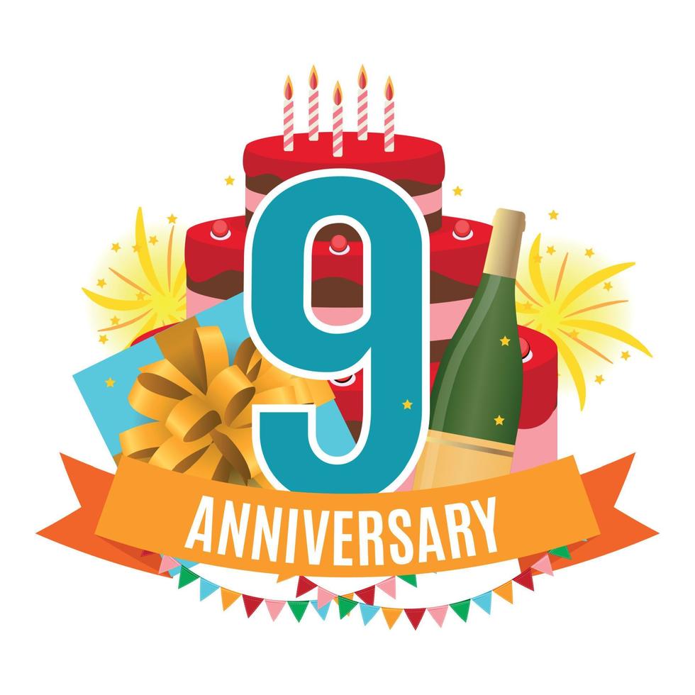 Template 9 Years Anniversary Congratulations, Greeting Card with Cake, Gift Box, Fireworks and Ribbon Invitation Vector Illustration