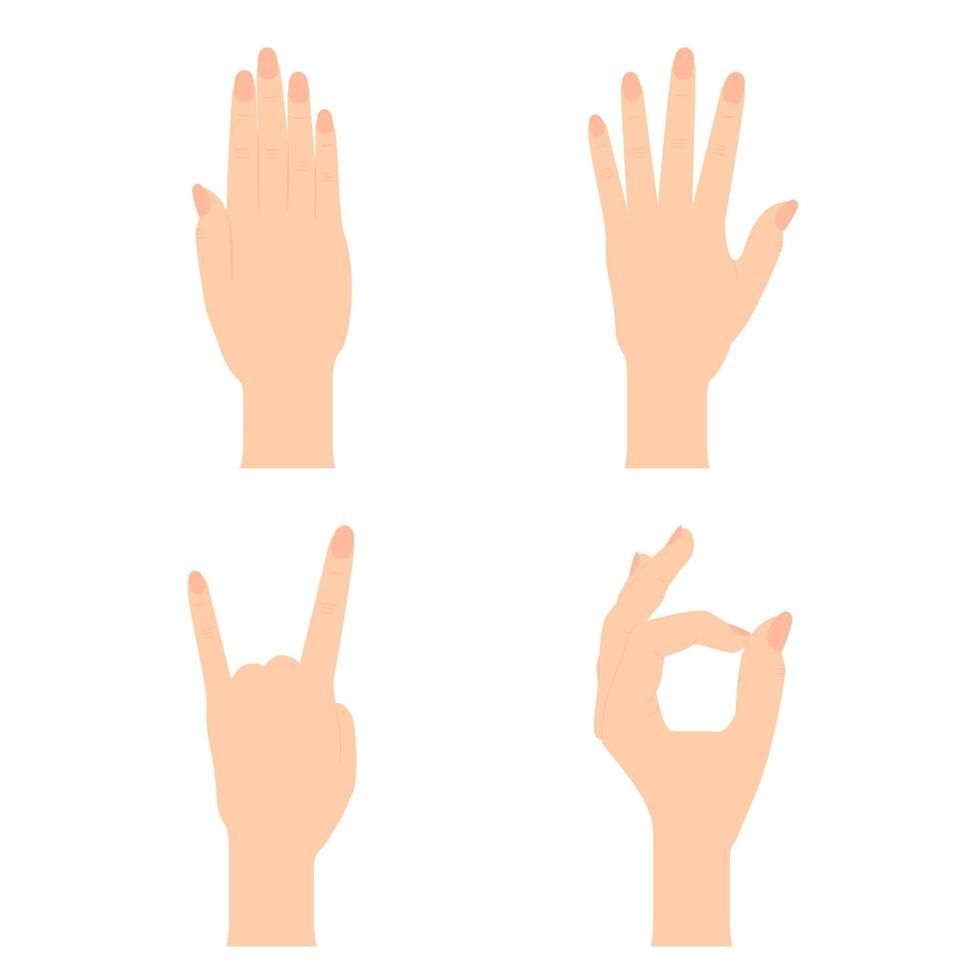 Set of Naturalistic Silhouettes of hands that show OK, stop, cool, open hand with flexion of the fingers. Vector Illustration