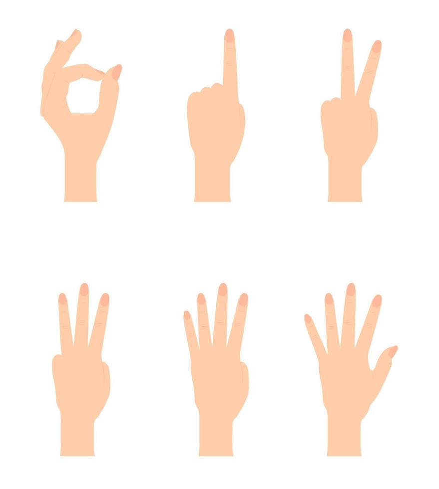 Set of Naturalistic Hand Silhouettes that show the numbers 0, 1, 2, 3, 4, 5 with flexion of the fingers. Vector Illustraion