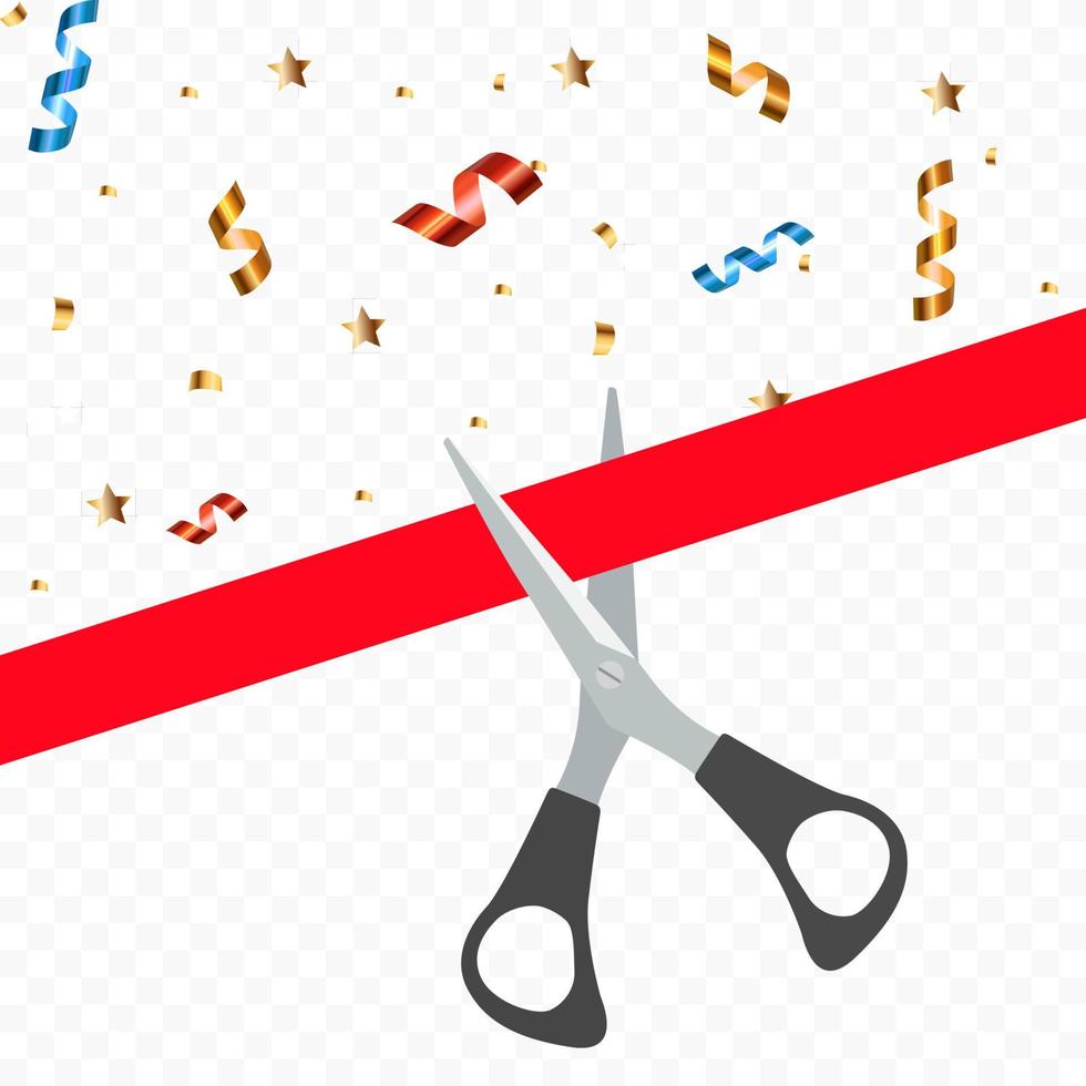 Hand scissors cutting red ribbon. Grand opening concept. Vector Illustration