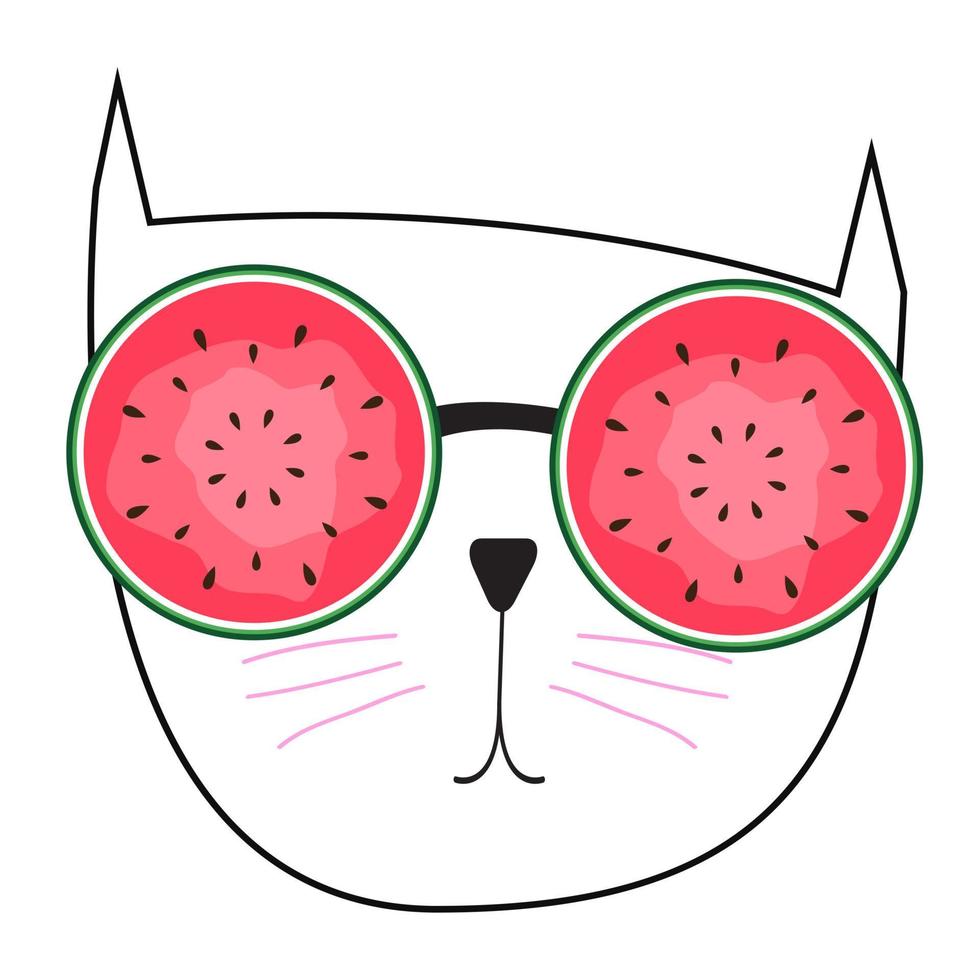 Lindo gato dibujado a mano con ilustración de vector de gafas de sol de sandía