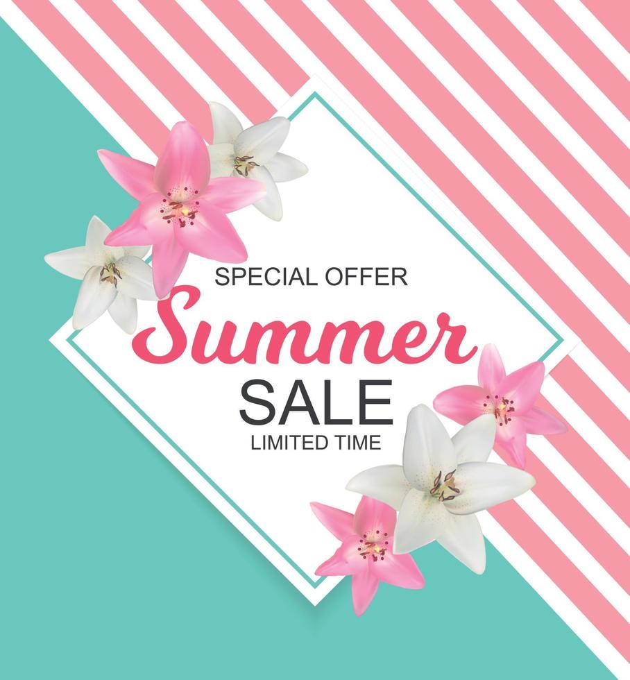 Banner de venta de verano con flores de lirio. linda ilustración de vector de fondo natural