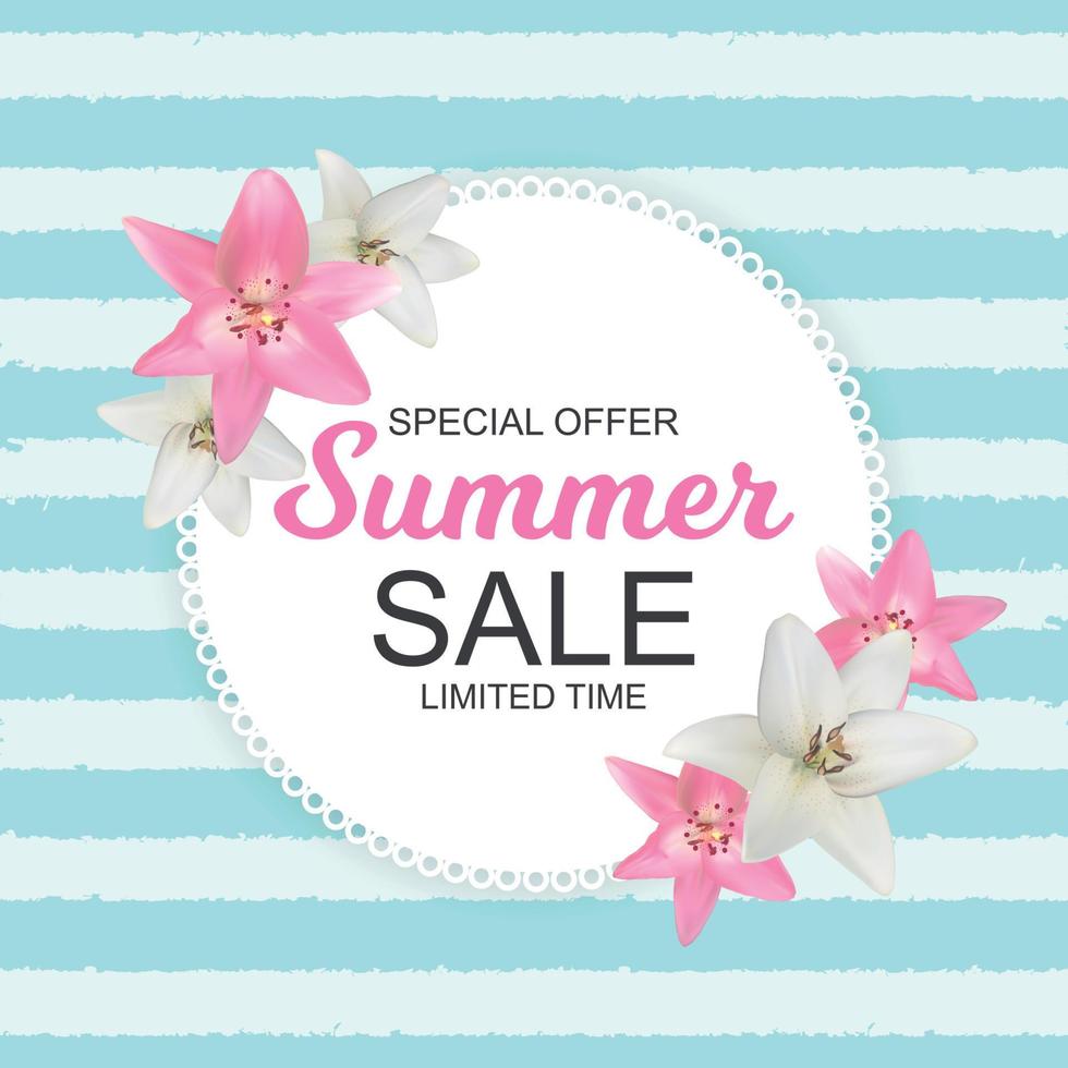 Summer Sale Banner with Lily Flowers. Cute Natural Background Vector Illustration