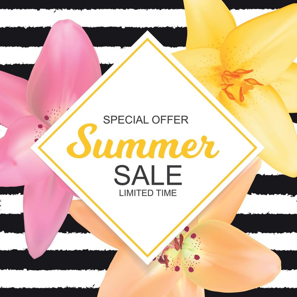 Summer Sale Banner with Lily Flowers. Cute Natural Background Vector Illustration