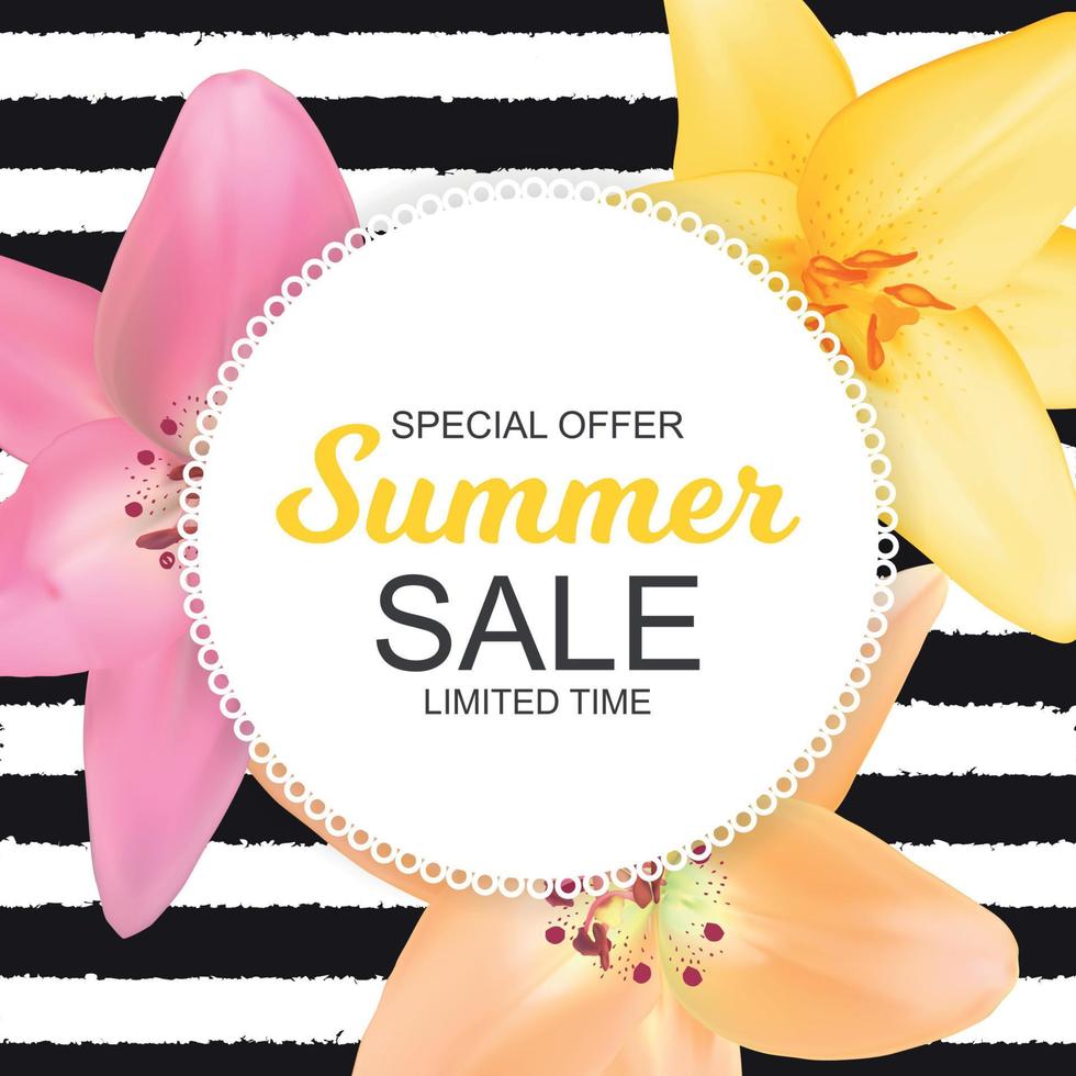 Summer Sale Banner with Lily Flowers. Cute Natural Background Vector Illustration