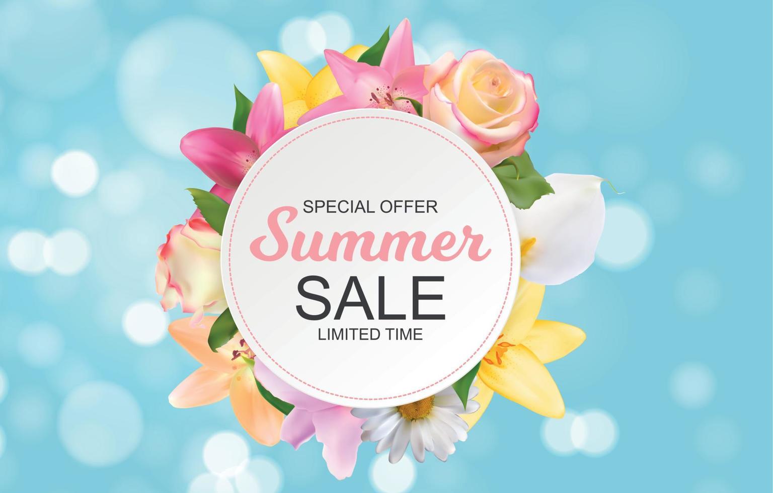 Summer Sale Banner with Lily, Rose, Chamomile and Calla Flowers. Cute Natural Background Vector Illustration