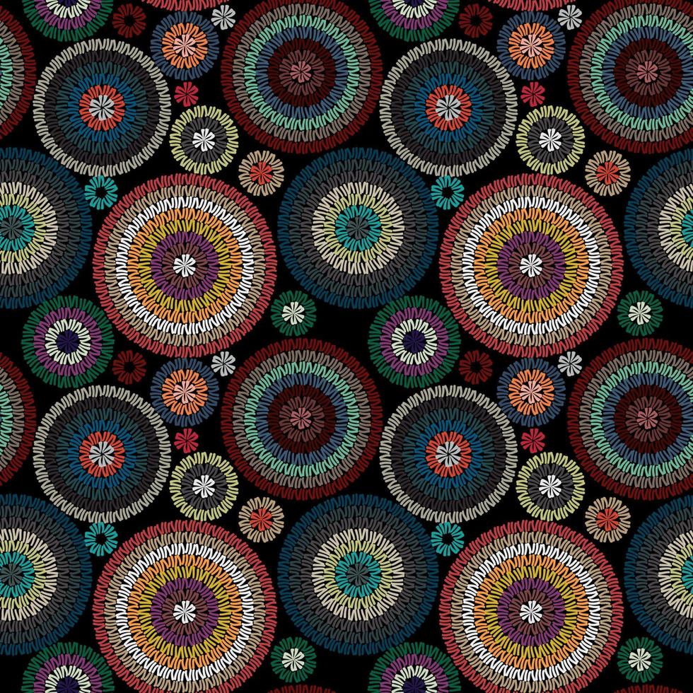 Embroidery Seamless Pattern Ornament with Colored Circles on a Black Background. Vector Illustration