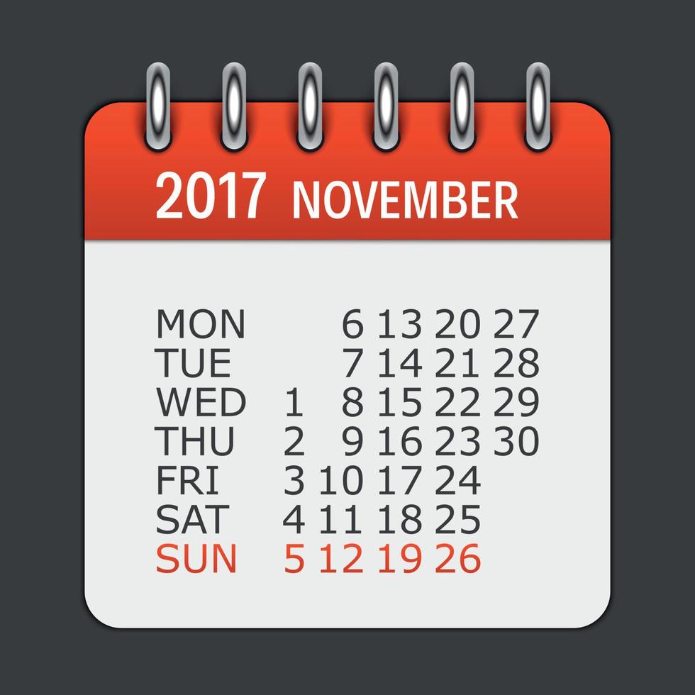 noviembre de 2017 icono diario del calendario. emblema de ilustración vectorial. elemento de diseño para documentos y aplicaciones de oficina de decoración. logo de dia, fecha, mes y feriado vector