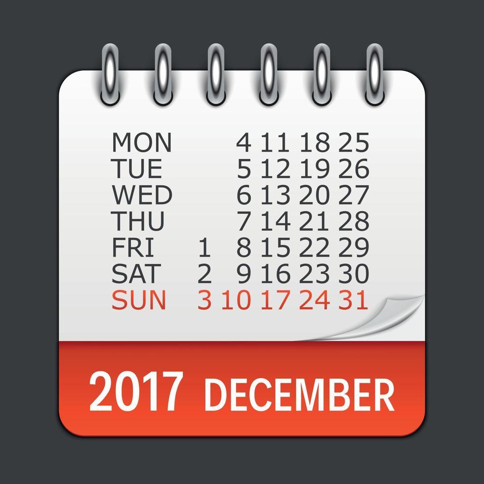 Icono diario del calendario de diciembre de 2017. emblema de ilustración vectorial. elemento de diseño para documentos y aplicaciones de oficina de decoración. logo de dia, fecha, mes y feriado vector