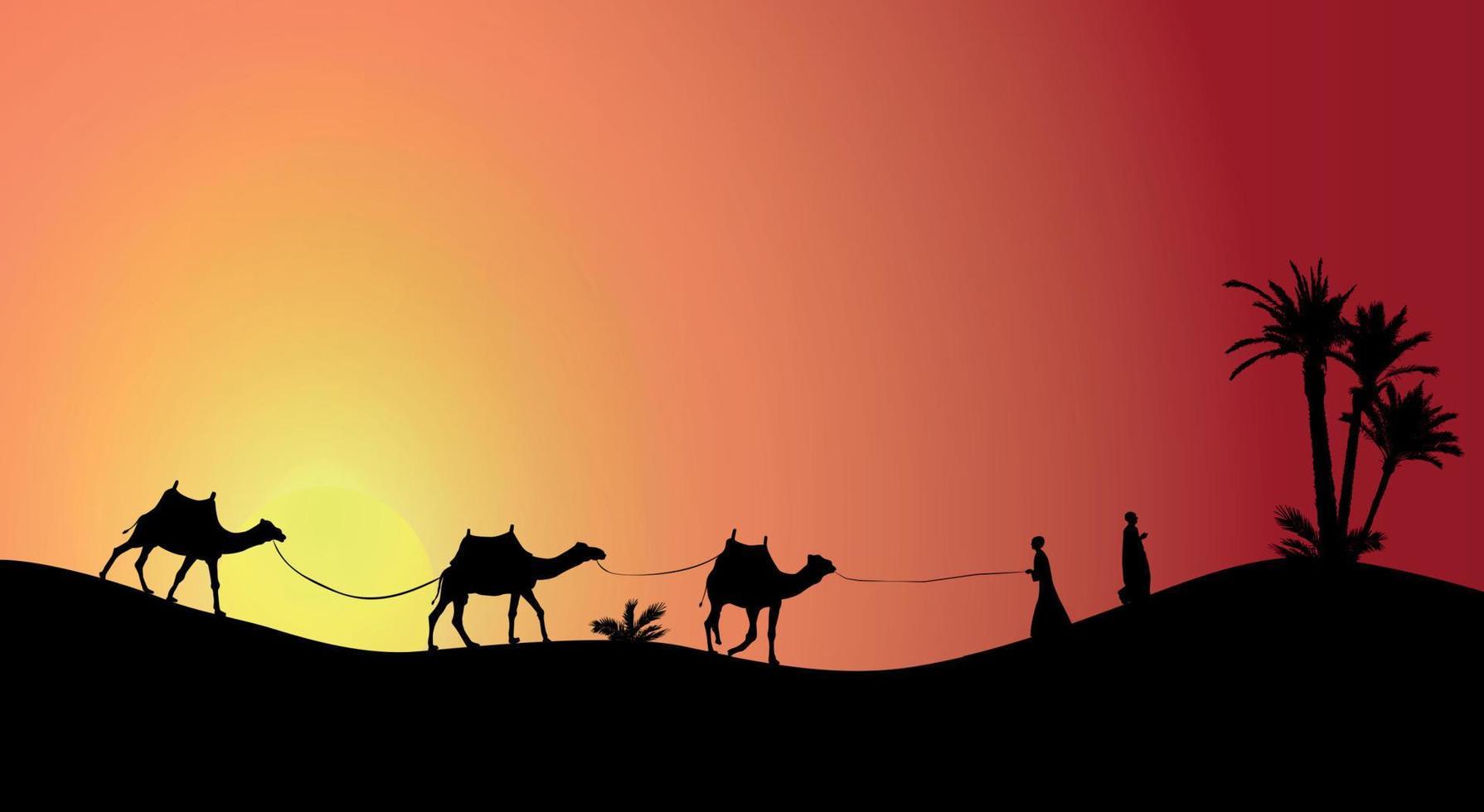 Silhouette of Caravan mit people and camels wandering through the deserts with palms at night and day. Vector Illustration.