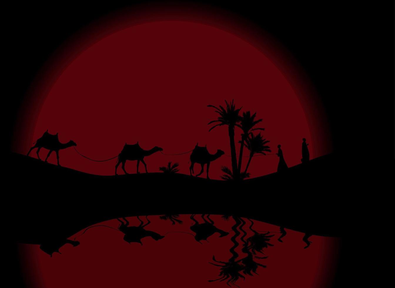 reflejo en el agua silueta de caravana con personas y camellos deambulando por los desiertos con palmeras de noche y de día. ilustración vectorial. vector