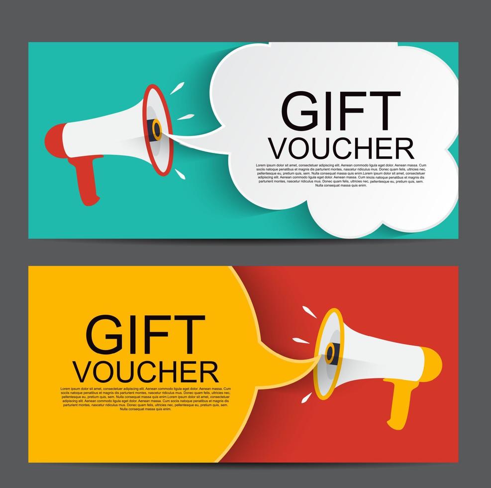 Megaphone with speech bubble. Gift voucher concept template background. Vector Illustration