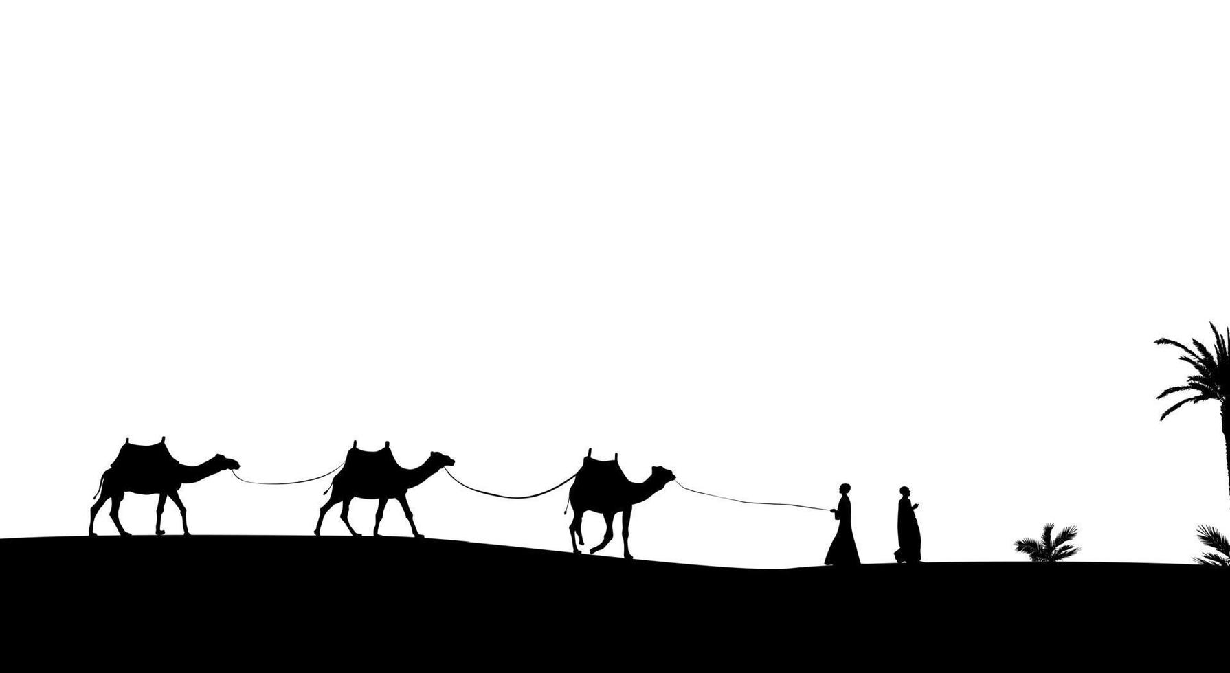 Silhouette of Caravan mit people and camels wandering through the deserts with palms. Vector Illustration.