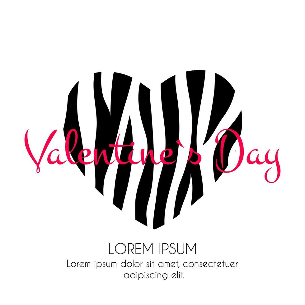 Happy Valentines Day Card with Heart and Zebra Pattern. Vector Illustration