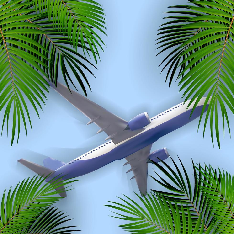 Naturalistic view of an airplane flying in the sky against the background of palm leaves. vector