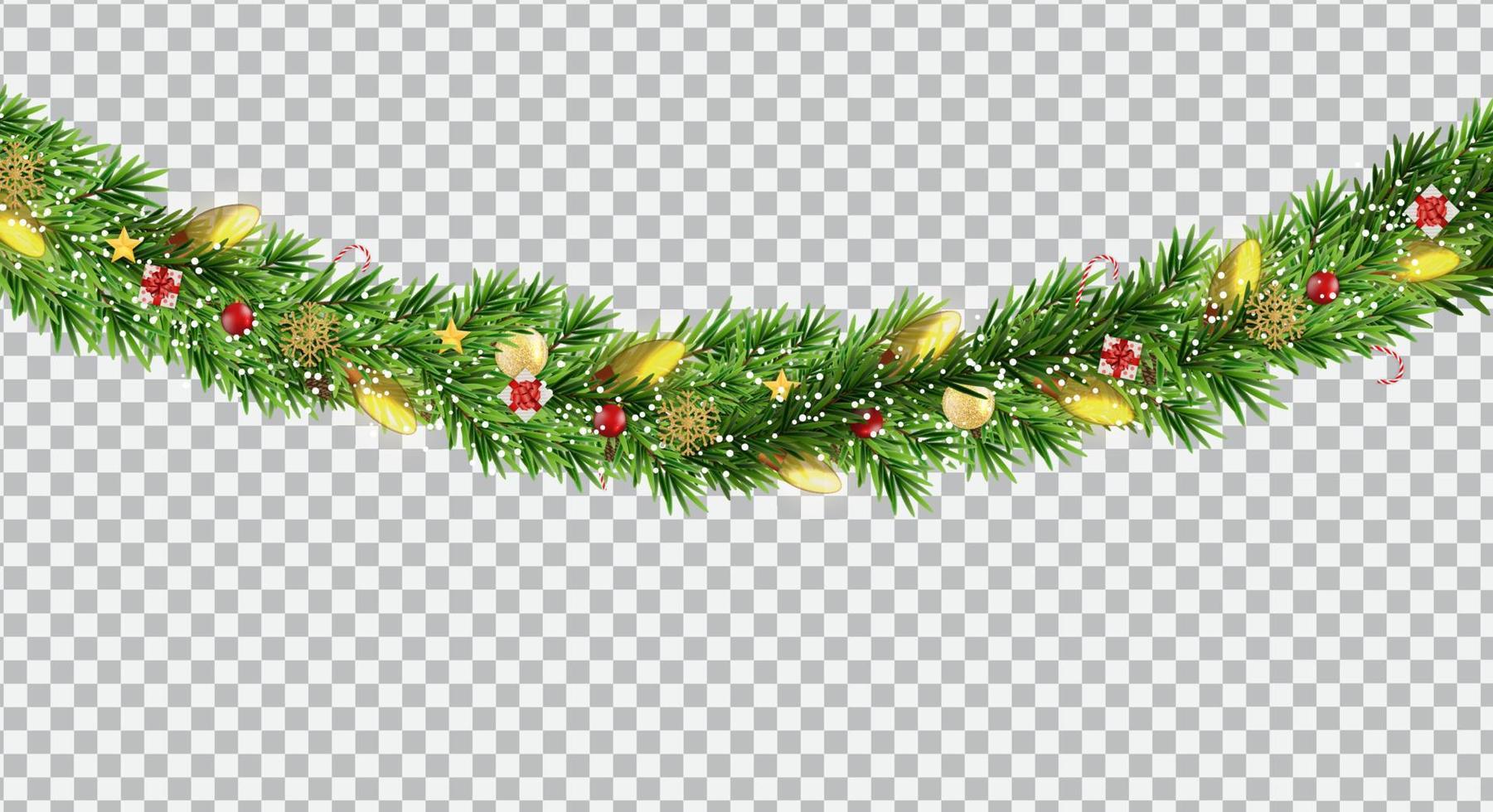 Wide Christmas border garland fromf fir branches, balls, pine cones and other ornaments, isolated on transparent background. Vector Illustration