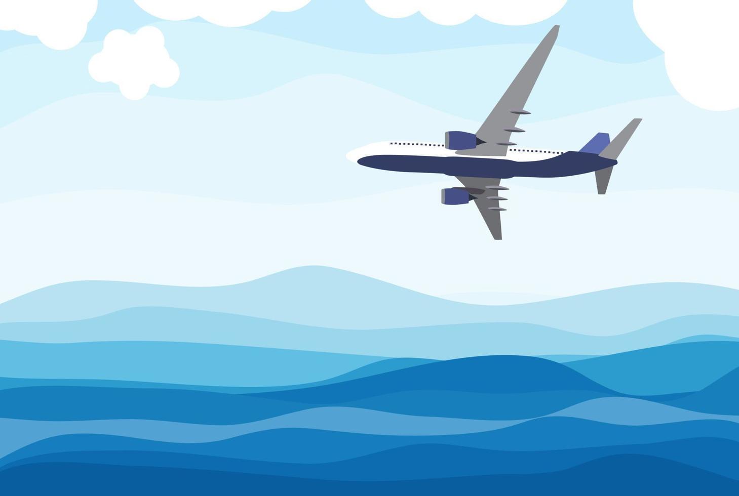 Flat airliner flying in the sky over the sea, ocean. Side view from the bottom. Vector illustration.