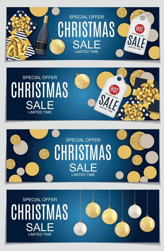 ilustración vectorial abstracta venta de Navidad, fondo de oferta especial con caja de regalo y bola de oro. plantilla de tarjeta de descuento caliente de invierno vector
