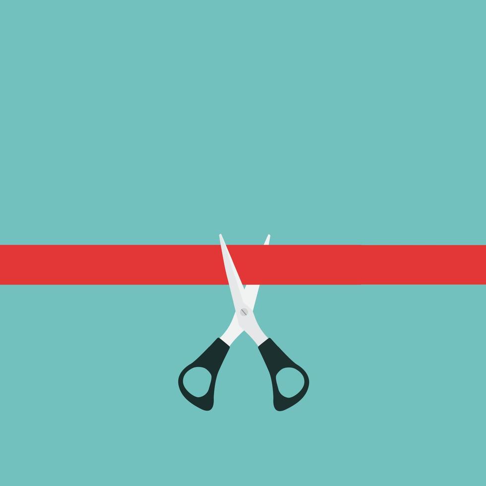 Scissors cutting red ribbon. Grand opening concept. Vector Illustration