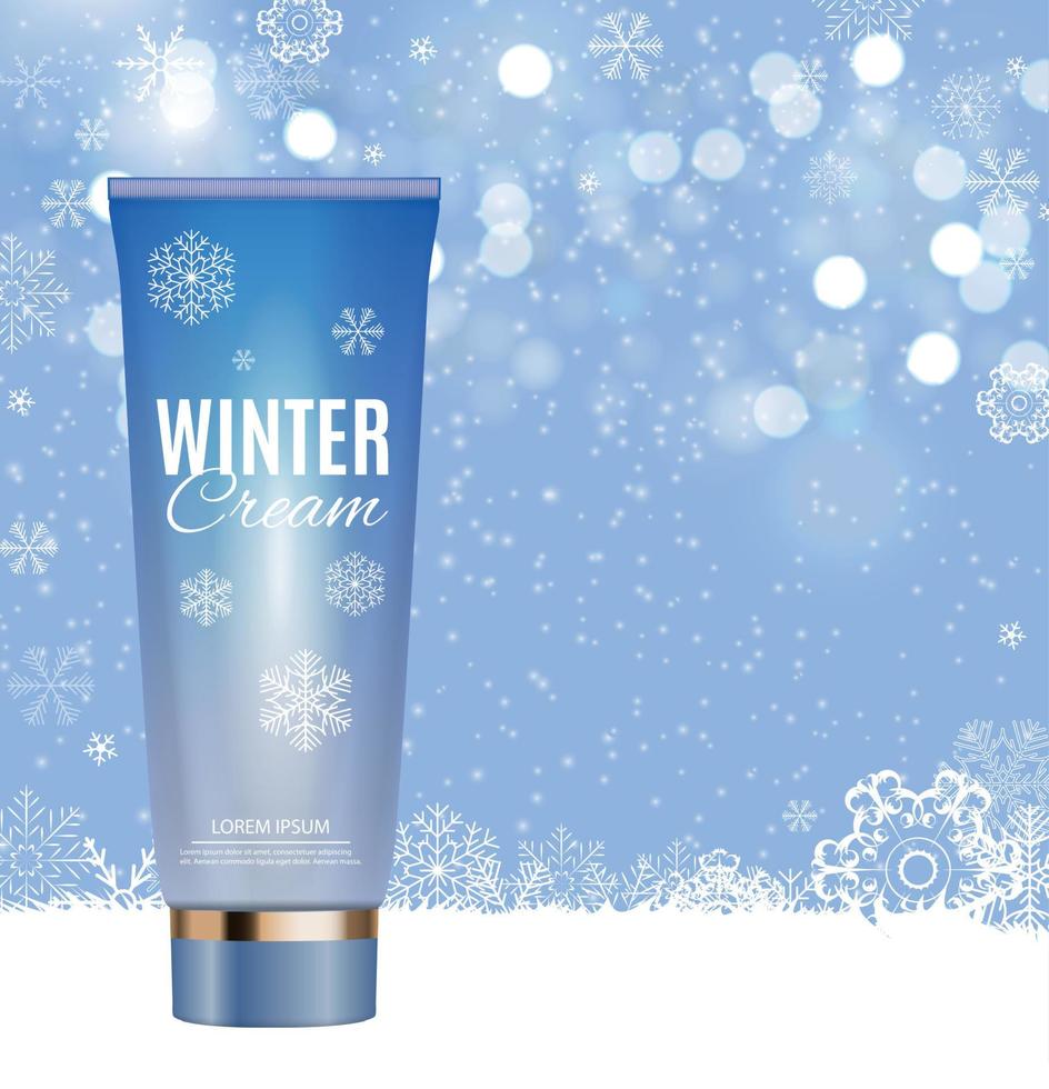 Hand Care Winter Cream Bottle, Tube Template for Ads or Magazine Background. 3D Realistic Vector Iillustration