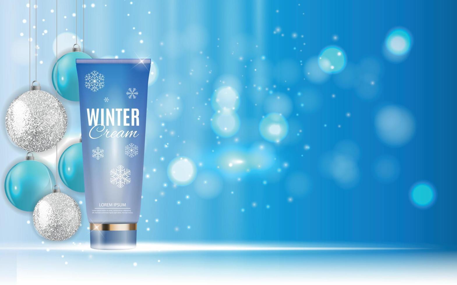 Hand Care Winter Cream Bottle, Tube Template for Ads or Magazine Background. 3D Realistic Vector Iillustration