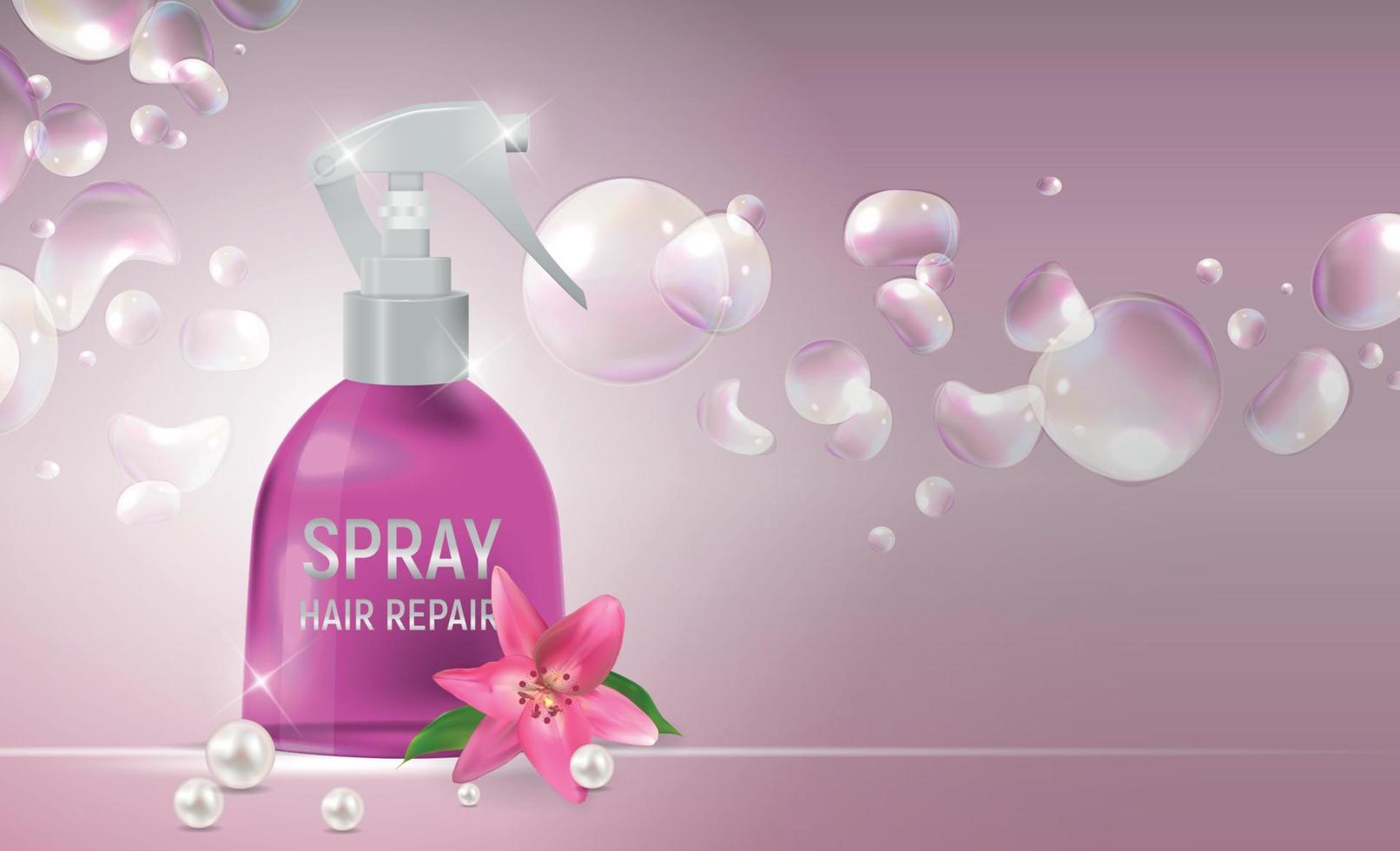 Diseñe la plantilla del producto de los cosméticos del espray de la reparación del pelo para los anuncios o el fondo de la revista. Ilustración de vector realista 3d