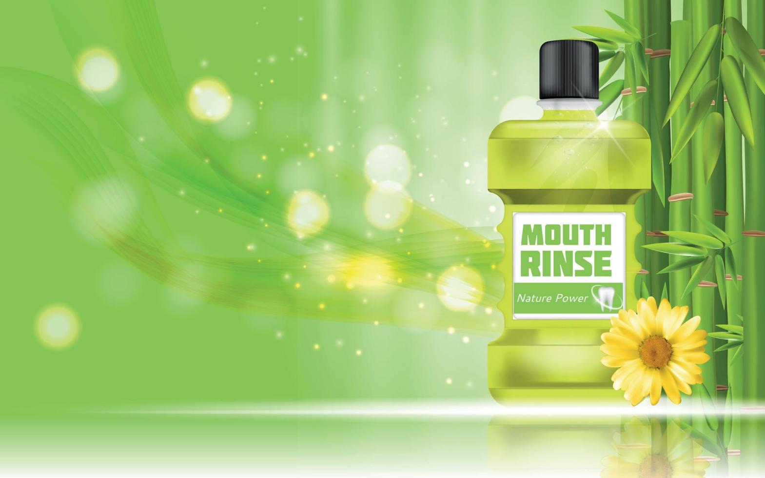 Mouth Rinse Design Cosmetics Product Bottle with Bamboo and Calendula Template for Ads, Announcement Sale, Promotion New Product or Magazine Background. 3D Realistic Vector Iillustration