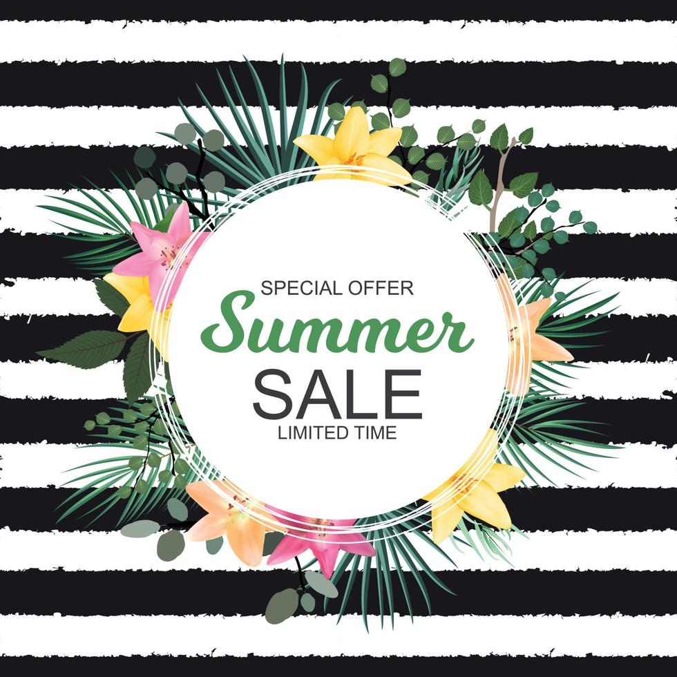 Summer Sale Banner with  Palm and other Leaves and Lily Flowers. Cute Natural Background Vector Illustratio