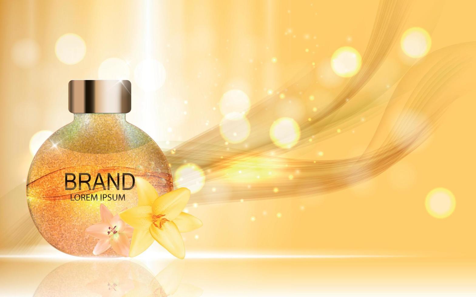 Design Cosmetics Product  with Flowers Golden Liy Template for Ads or Magazine Background. 3D Realistic Vector Iillustration