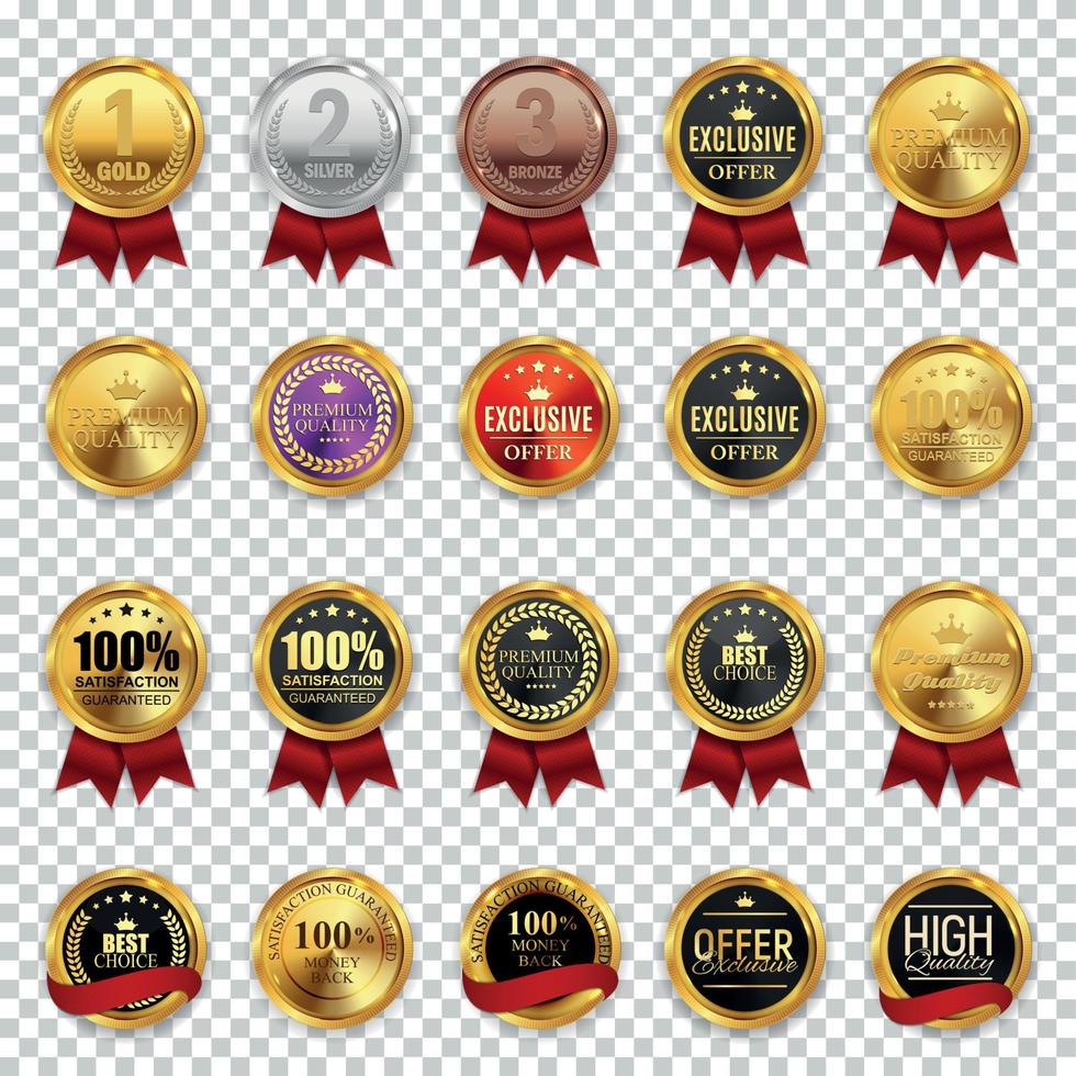 Big Collection Set of Champion, High Quality, Best Choice and Offer Business Gold Medal  Icon Sign  Isolated on Transparent Background. Vector Illustration