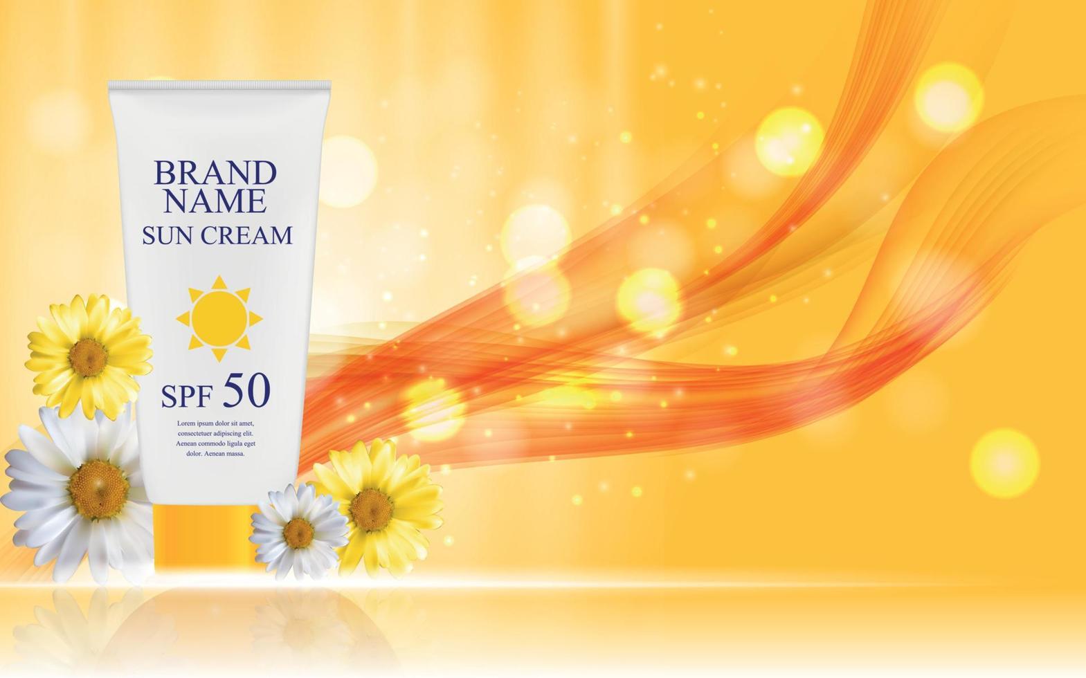 Sun Care Cream Bottle, Tube with Flowers Chamomile Template for Ads, Announcement Sale, Promotion New Product or Magazine Background. 3D Realistic Vector Iillustration