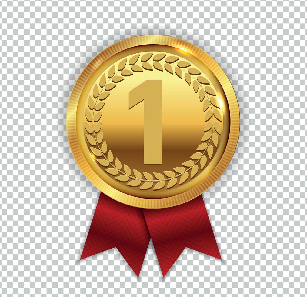 Champion Art Golden Medal with Red Ribbon l Icon Sign First Place Isolated on Transparent Background. Vector Illustration