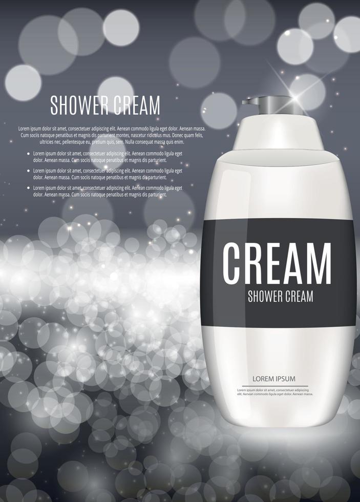 Diseñe la plantilla de productos cosméticos para anuncios o revistas de fondo. Crema de baño. Ilustración de vector realista 3d