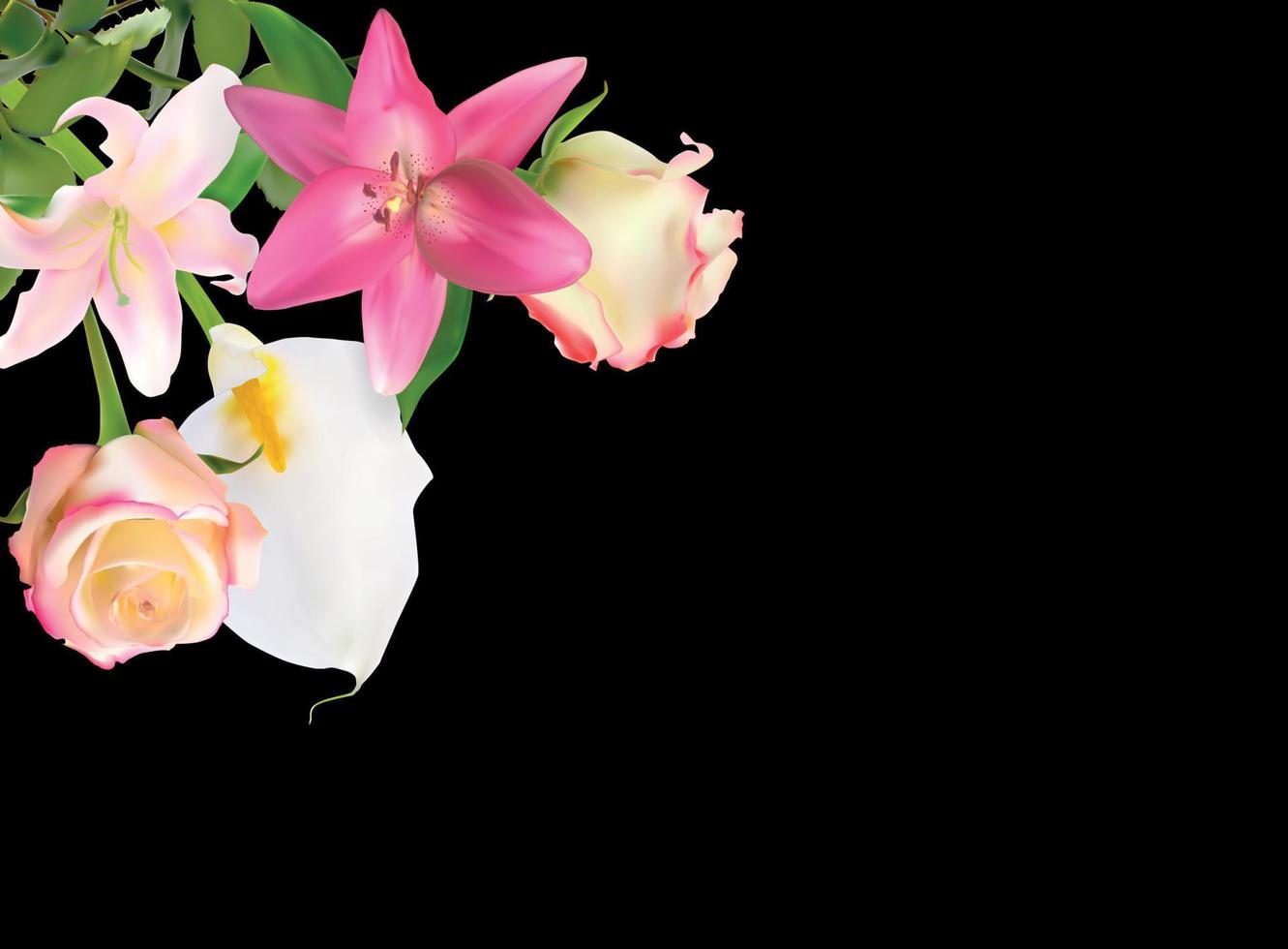 Vector Illustration with Pink Lily, Calla and Roses Isolated on Black Background